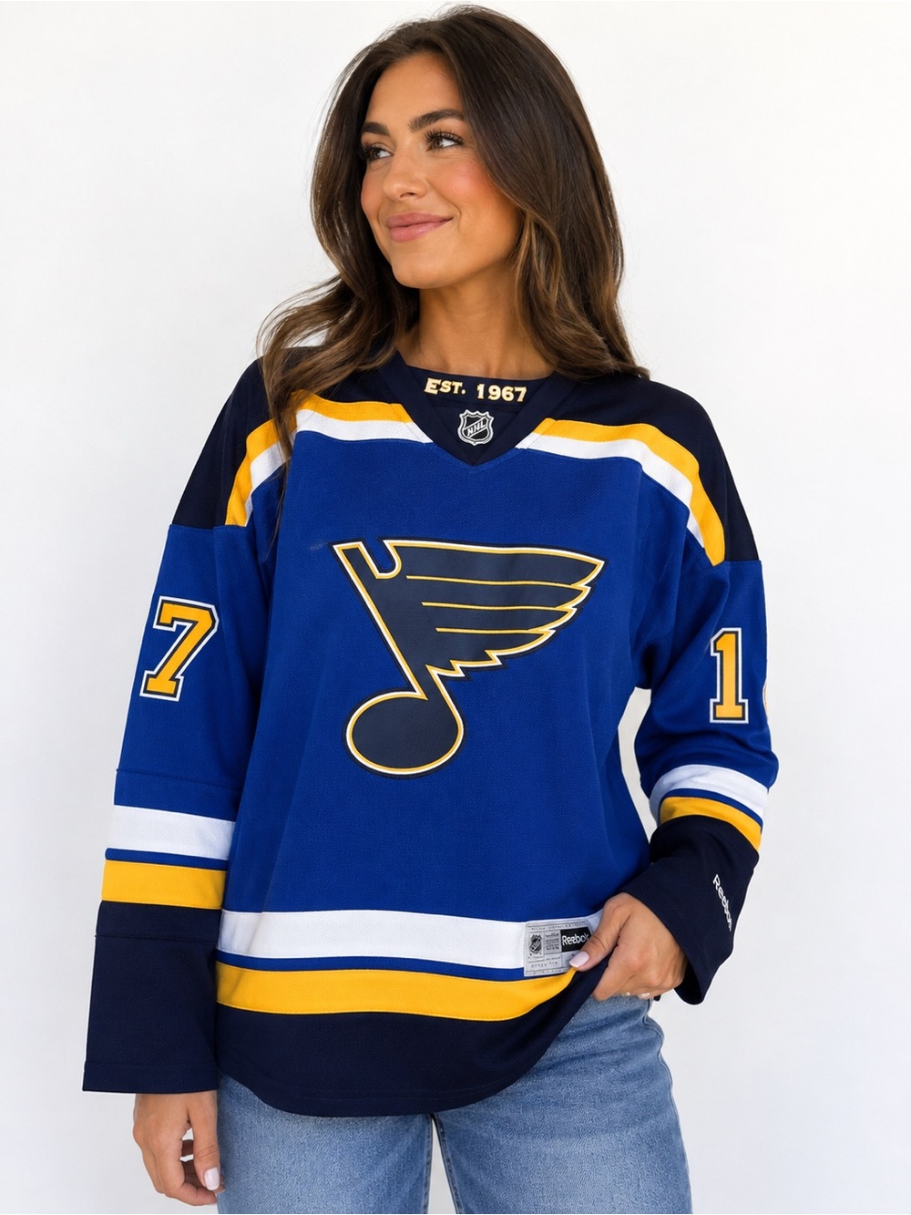 St. Louis Blues Jaden Schwartz 17 Reebok NHL Women’s M Hockey Jersey